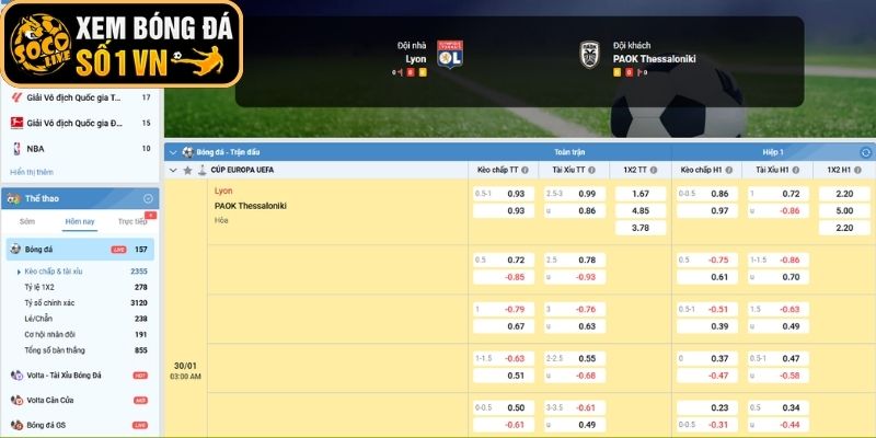 Kèo châu Âu trận Lyonnais vs PAOK Saloniki (03:00 ngày 30-01, Cup C2)