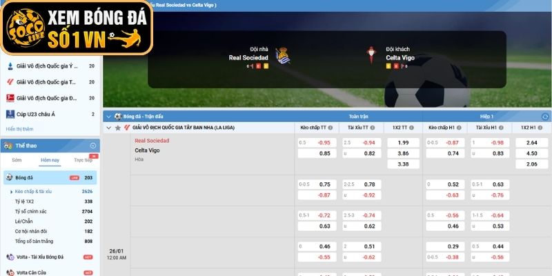Kèo châu Âu trận Real Sociedad vs Celta Vigo (00:30 ngày 26-01, La Liga)