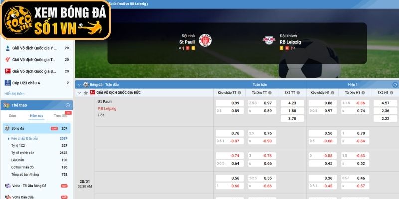 Kèo châu Âu trận St. Pauli vs RB Leipzig (02:30 ngày 28-01, Bundesliga)